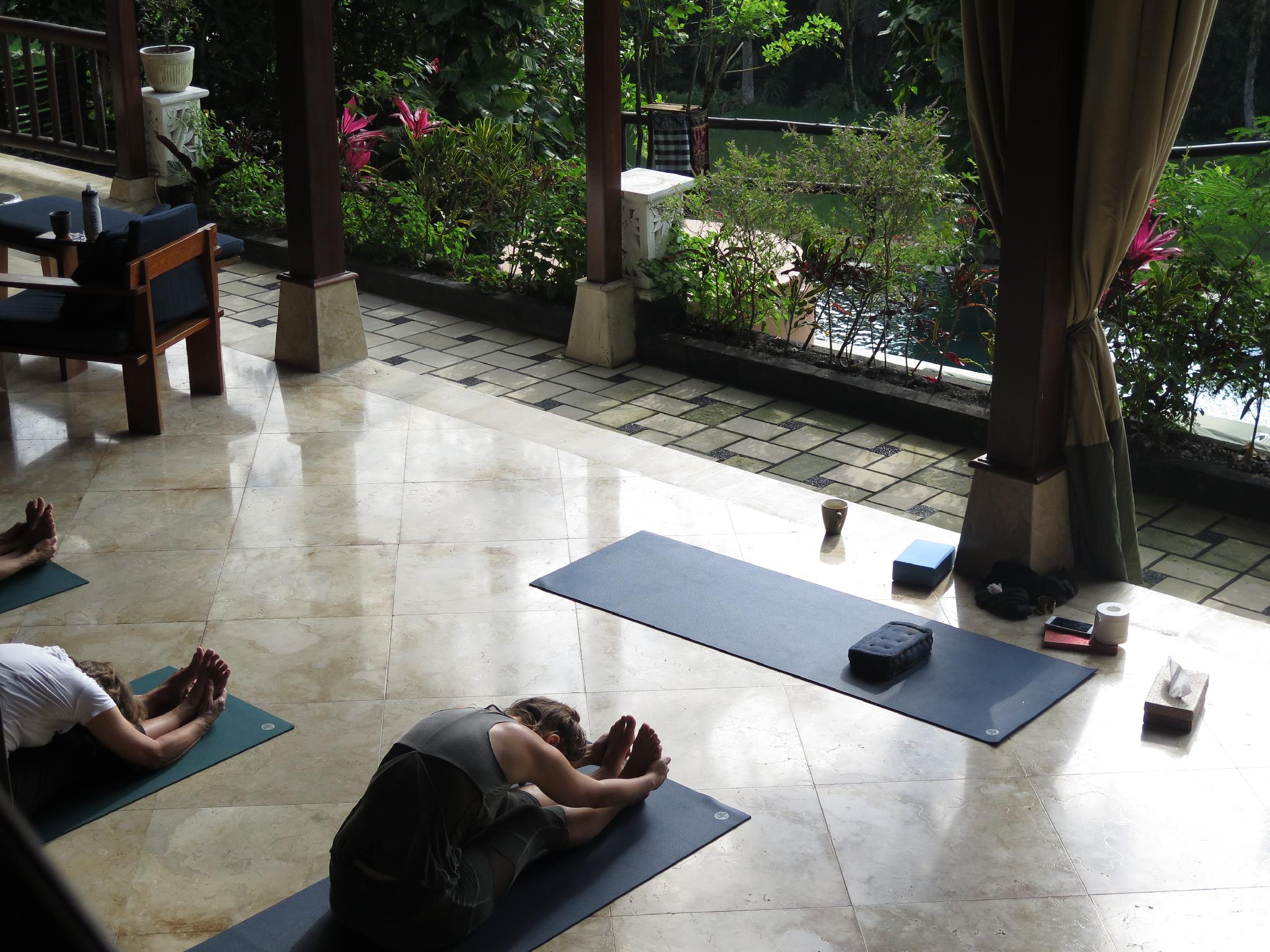 Villa Gaia Ubud Bali Yoga Class Studio Retreat Forward Fold 